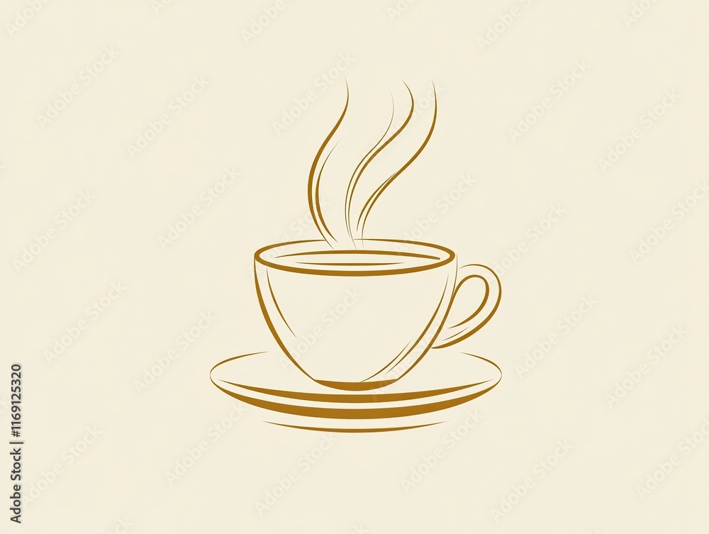 Fototapeta premium A minimalist illustration of a steaming cup of coffee made with smooth vector lines. The cup is placed centrally on a light beige background. The color scheme uses earthy browns and creamy whites.