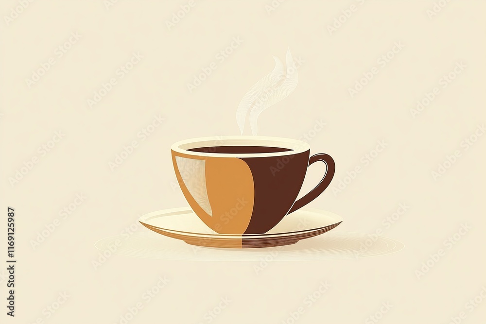 A minimalist illustration of a steaming cup of coffee made with smooth vector lines. The cup is placed centrally on a light beige background. The color scheme uses earthy browns and creamy whites. A minimalist illustration of a steaming cup of coffee made with smooth vector lines. The cup is placed centrally on a light beige background. The color scheme uses earthy browns and creamy whites.