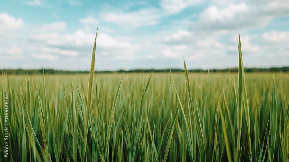 Fototapeta premium A vibrant green field of tall grass stretches under a bright blue sky, dotted with fluffy clouds, creating a serene and peaceful landscape.