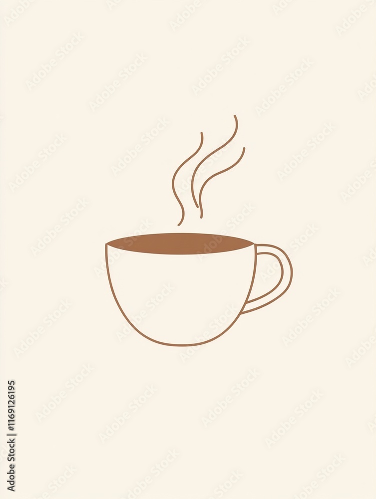 Obraz premium A minimalist illustration of a steaming cup of coffee made with smooth vector lines. The cup is placed centrally on a light beige background. The color scheme uses earthy browns and creamy whites.