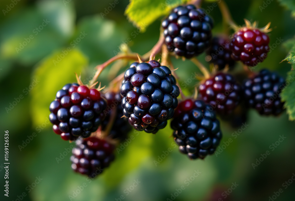 Ripe blackberries growing on a bush, with dark purple berries and green leaves in the background Ripe blackberries growing on a bush, with dark purple berries and green leaves in the background