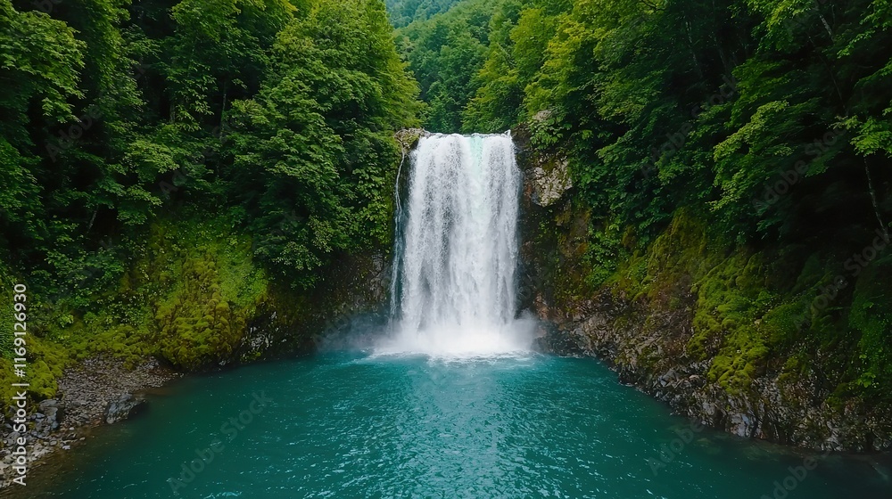 Fototapeta premium A serene waterfall cascades into a turquoise pool, surrounded by lush greenery and rocky terrain, creating a tranquil natural scene.