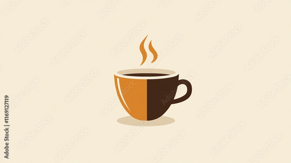 A minimalist illustration of a steaming cup of coffee made with smooth vector lines. The cup is placed centrally on a light beige background. The color scheme uses earthy browns and creamy whites. A minimalist illustration of a steaming cup of coffee made with smooth vector lines. The cup is placed centrally on a light beige background. The color scheme uses earthy browns and creamy whites.