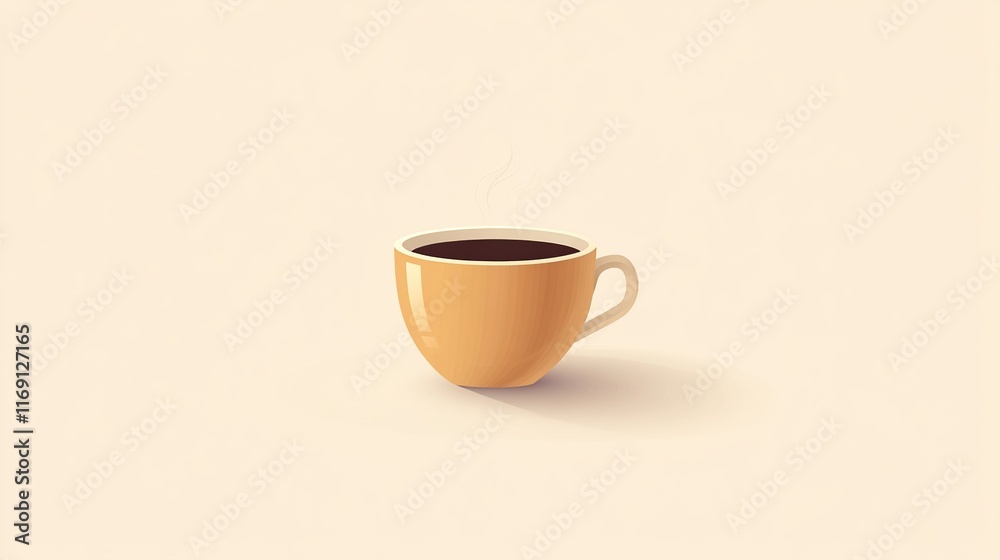 A minimalist illustration of a steaming cup of coffee made with smooth vector lines. The cup is placed centrally on a light beige background. The color scheme uses earthy browns and creamy whites.