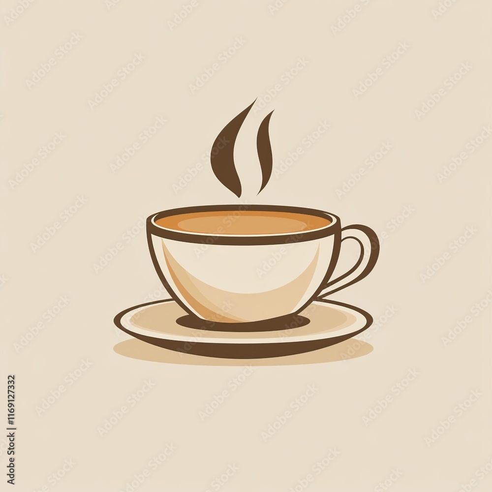 A minimalist illustration of a steaming cup of coffee made with smooth vector lines. The cup is placed centrally on a light beige background. The color scheme uses earthy browns and creamy whites.