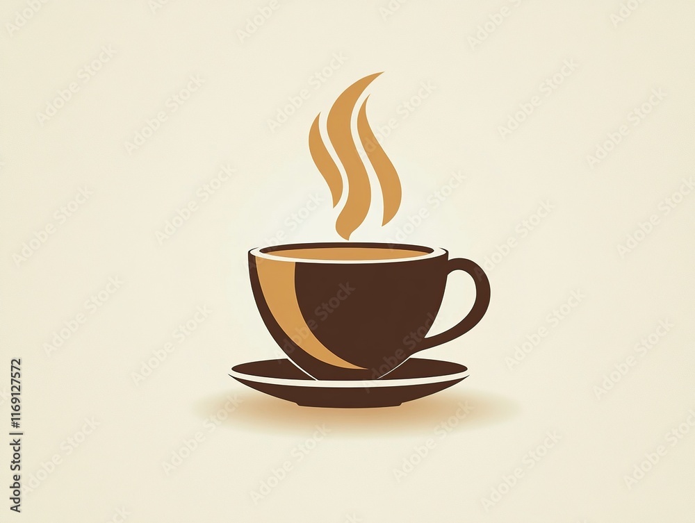 Obraz premium A minimalist illustration of a steaming cup of coffee made with smooth vector lines. The cup is placed centrally on a light beige background. The color scheme uses earthy browns and creamy whites.