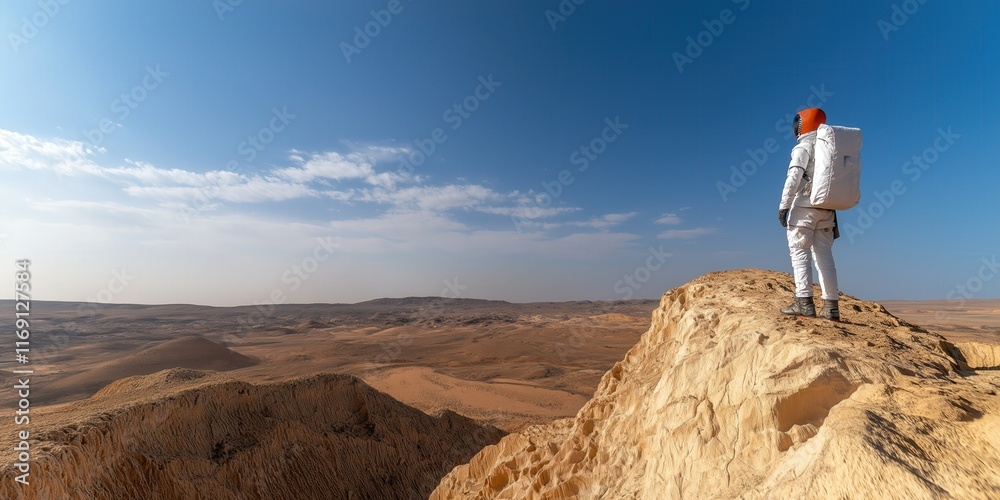 A dramatic shot of an astronaut standing on the surface of Mars A dramatic shot of an astronaut standing on the surface of Mars