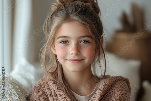 beautiful smiling girl about 9 years old looking at the camera