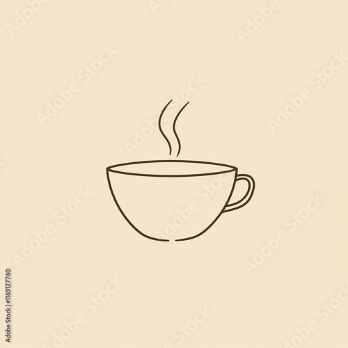 A minimalist illustration of a steaming cup of coffee made with smooth vector lines. The cup is placed centrally on a light beige background. The color scheme uses earthy browns and creamy whites.