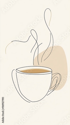 A minimalist illustration of a steaming cup of coffee made with smooth vector lines. The cup is placed centrally on a light beige background. The color scheme uses earthy browns and creamy whites.