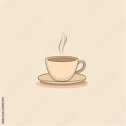 A minimalist illustration of a steaming cup of coffee made with smooth vector lines. The cup is placed centrally on a light beige background. The color scheme uses earthy browns and creamy whites.
