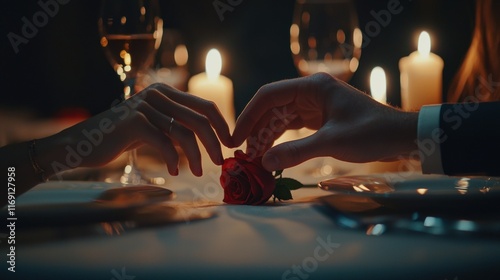 closeup with cropped shot of lovers holding hands over romantic valentine’s day dinner table with wine and red rose. the man gently touches the woman’s fingers.