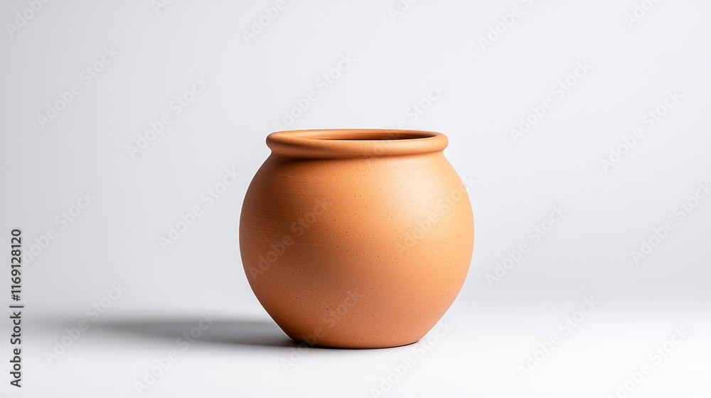 Round Clay Pot on Plain Background Displaying Simple Design Round Clay Pot on Plain Background Displaying Simple Design