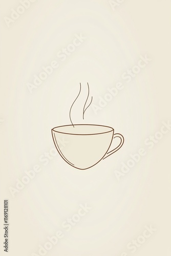 A minimalist illustration of a steaming cup of coffee made with smooth vector lines. The cup is placed centrally on a light beige background. The color scheme uses earthy browns and creamy whites.