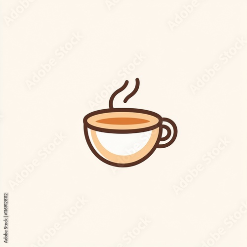 A minimalist illustration of a steaming cup of coffee made with smooth vector lines. The cup is placed centrally on a light beige background. The color scheme uses earthy browns and creamy whites.