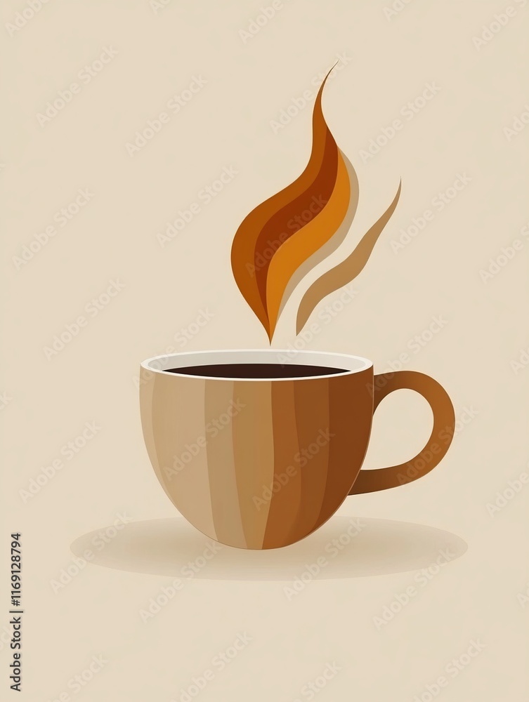 Obraz premium A minimalist illustration of a steaming cup of coffee made with smooth vector lines. The cup is placed centrally on a light beige background. The color scheme uses earthy browns and creamy whites.