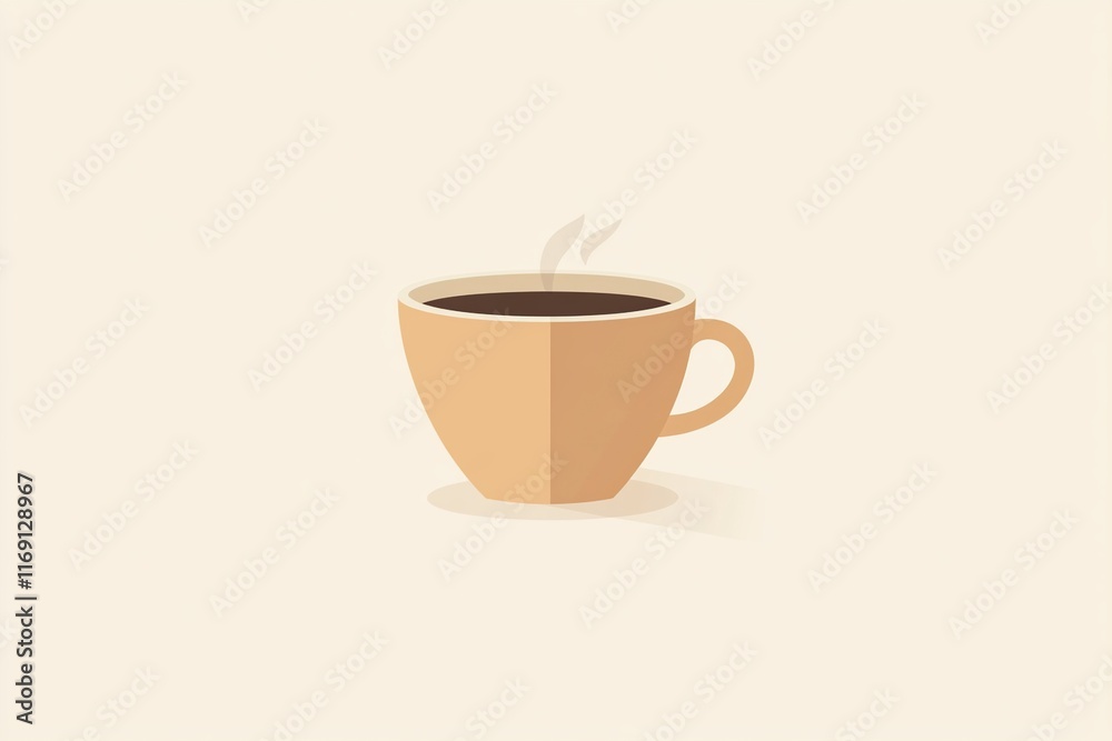 Obraz premium A minimalist illustration of a steaming cup of coffee made with smooth vector lines. The cup is placed centrally on a light beige background. The color scheme uses earthy browns and creamy whites.