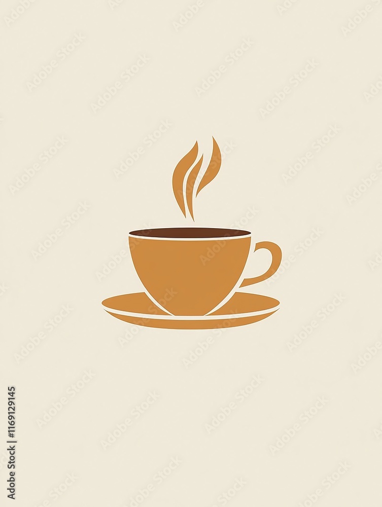 A minimalist illustration of a steaming cup of coffee made with smooth vector lines. The cup is placed centrally on a light beige background. The color scheme uses earthy browns and creamy whites.