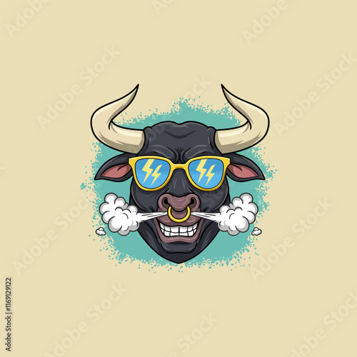 A stylized illustration of a black bull wearing sunglasses and blowing smoke, with a bold and playful expression.