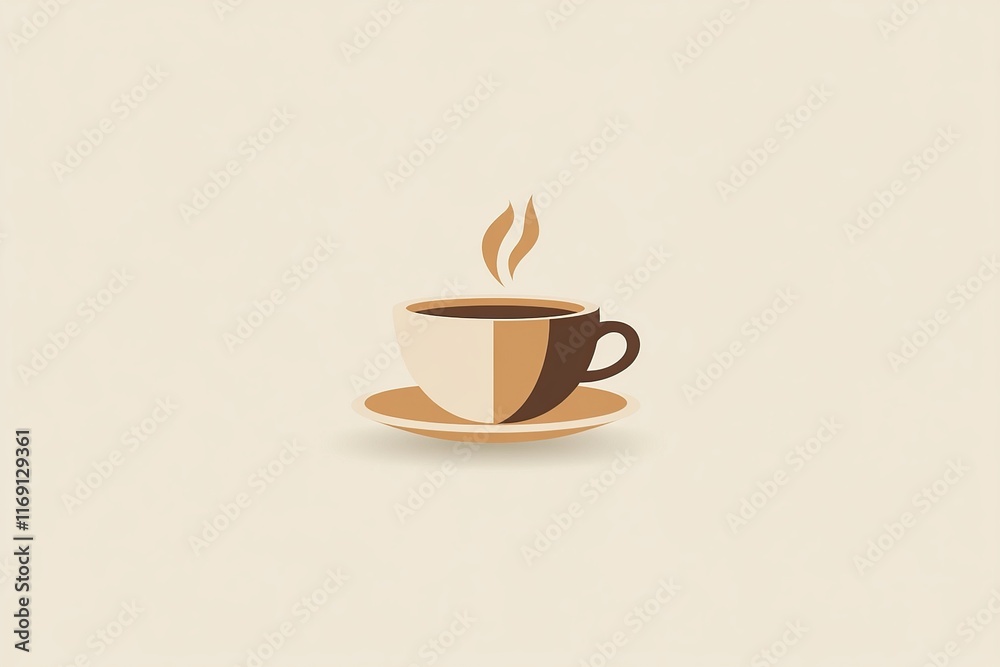 Obraz premium A minimalist illustration of a steaming cup of coffee made with smooth vector lines. The cup is placed centrally on a light beige background. The color scheme uses earthy browns and creamy whites.