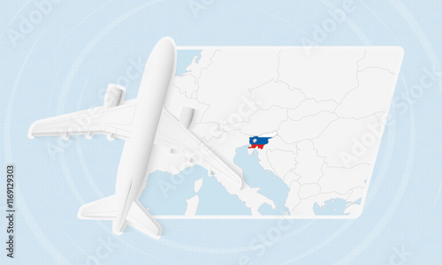 Slovenia Travel Illustration with Plane and National Flag. Airplane Flying Over Slovenia Map.