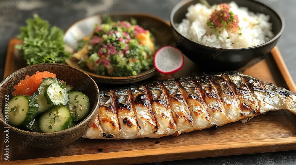 Grilled Saba Mackerel Miso Soup Rice and Pickled Cucumbers on Wooden Tray Grilled Saba Mackerel Miso Soup Rice and Pickled Cucumbers on Wooden Tray