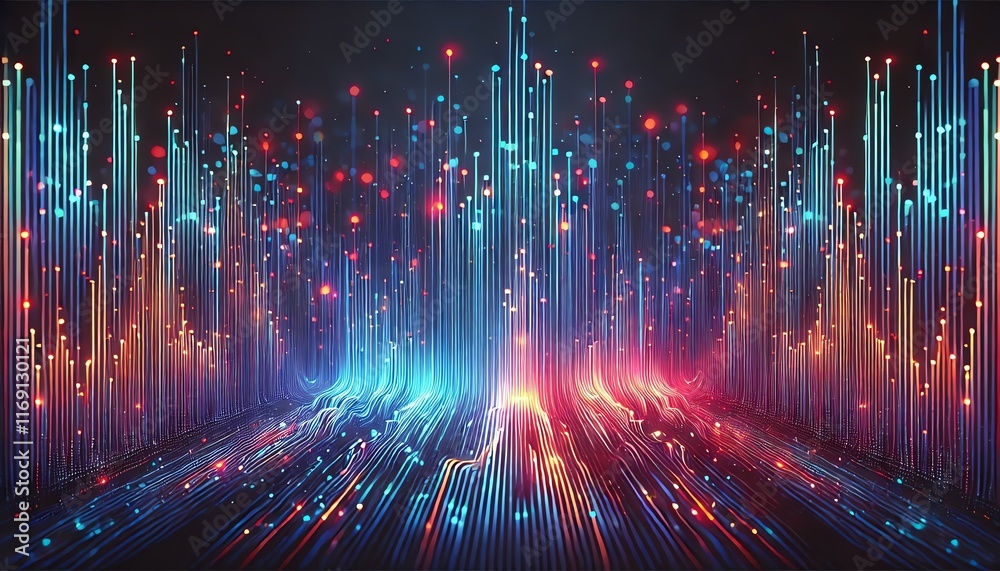 An abstract, futuristic digital landscape featuring vertical lines of colored light forming a pattern that resembles a sound-wave or a city skyline An abstract, futuristic digital landscape featuring vertical lines of colored light forming a pattern that resembles a sound-wave or a city skyline