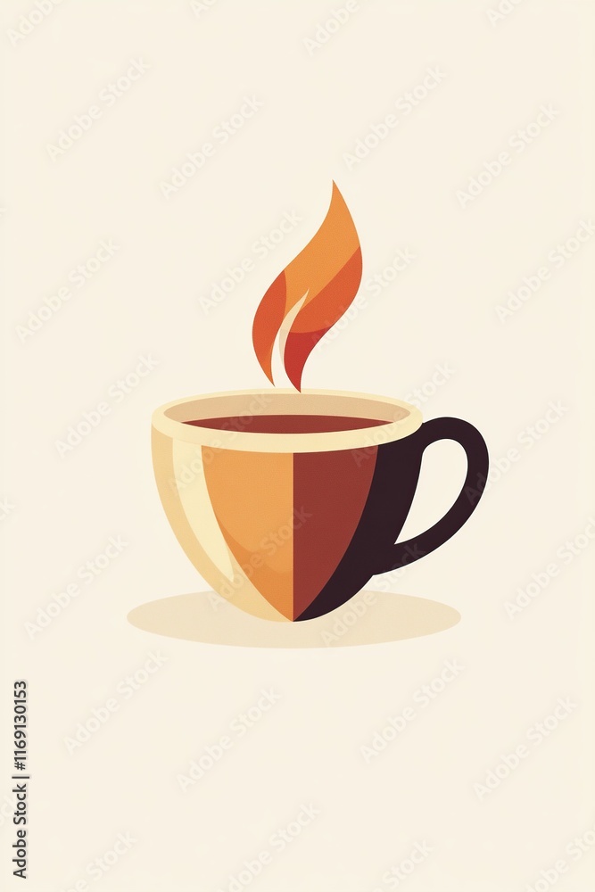 Fototapeta premium A minimalist illustration of a steaming cup of coffee made with smooth vector lines. The cup is placed centrally on a light beige background. The color scheme uses earthy browns and creamy whites.
