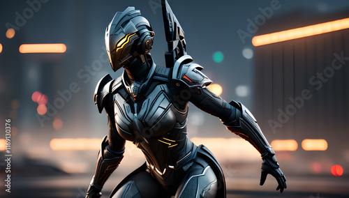 Female warrior in cyber armor hi fi cyberpunk women.high quality 4k.generative ai