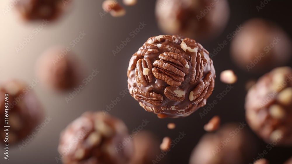 Pecan balls with chocolate pecan nuts with crispy chocolate, floating in the air. Pecan balls with chocolate pecan nuts with crispy chocolate, floating in the air.