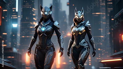 Female warrior in cyber armor hi fi cyberpunk women.high quality 4k.generative ai