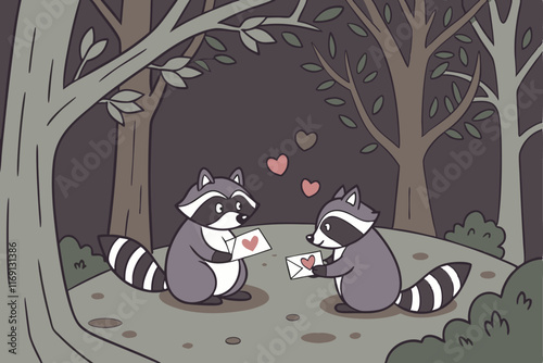 Raccoons exchanging Valentine's cards. forest at dusk. 3D illustration