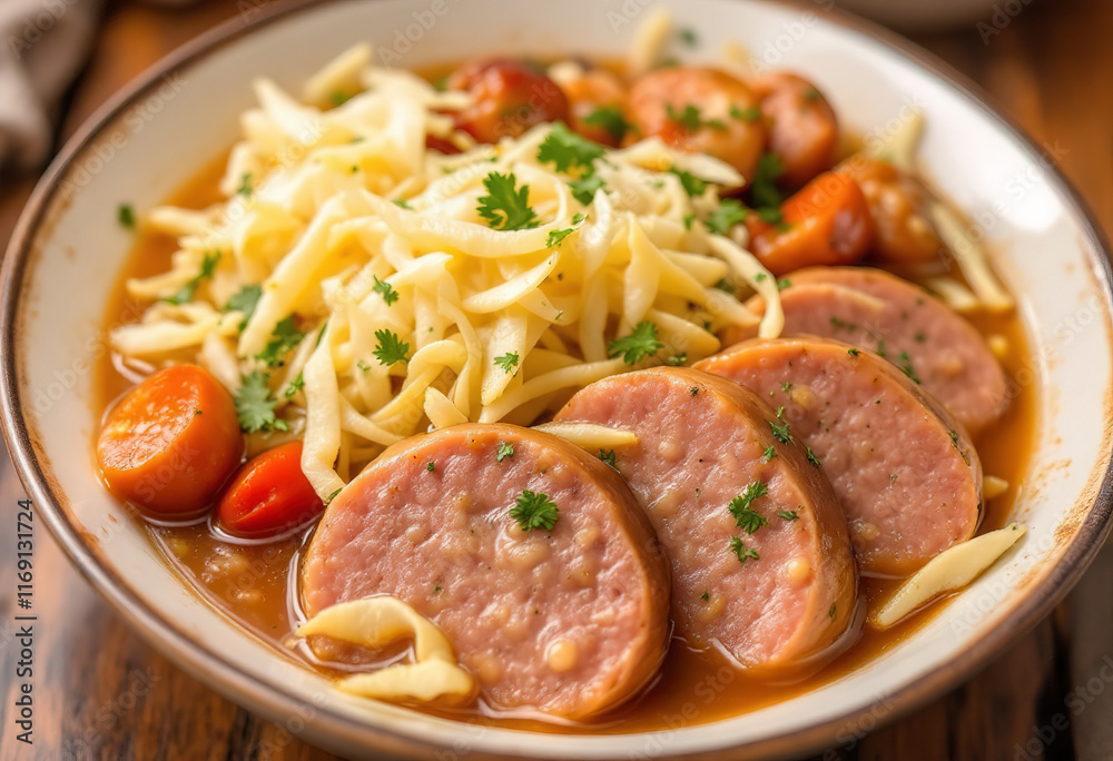 a bowl filled with a sliced sausages with shredded fried cabbage stewed in the gravy a bowl filled with a sliced sausages with shredded fried cabbage stewed in the gravy
