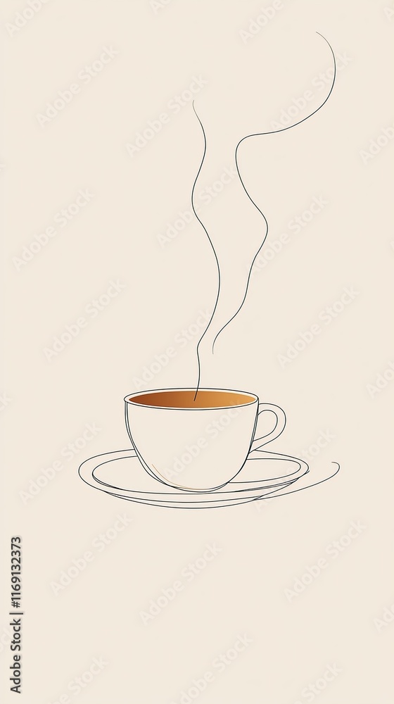 Obraz premium A minimalist illustration of a steaming cup of coffee made with smooth vector lines. The cup is placed centrally on a light beige background. The color scheme uses earthy browns and creamy whites.
