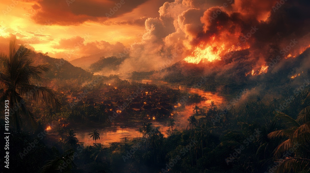 Fototapeta premium A wide-angle view of a tropical forest fire approaching a small village, smoke and flames threatening the surroundings