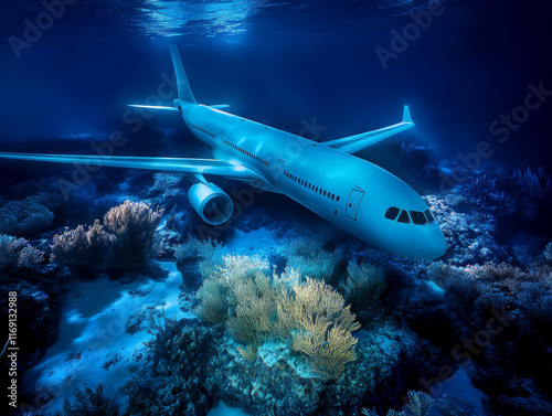 Wallpaper Mural A commercial airplane gliding through a glowing underwater environment at night. Torontodigital.ca