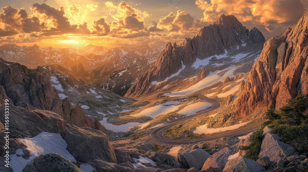 Obraz premium A winding road up Mount Evans, Colorado, flanked by rugged rock formations and patches of lingering snow under a golden sunset.