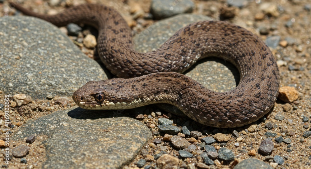 Fototapeta premium Brown Snake Coiled Among Rocks In Sunlight