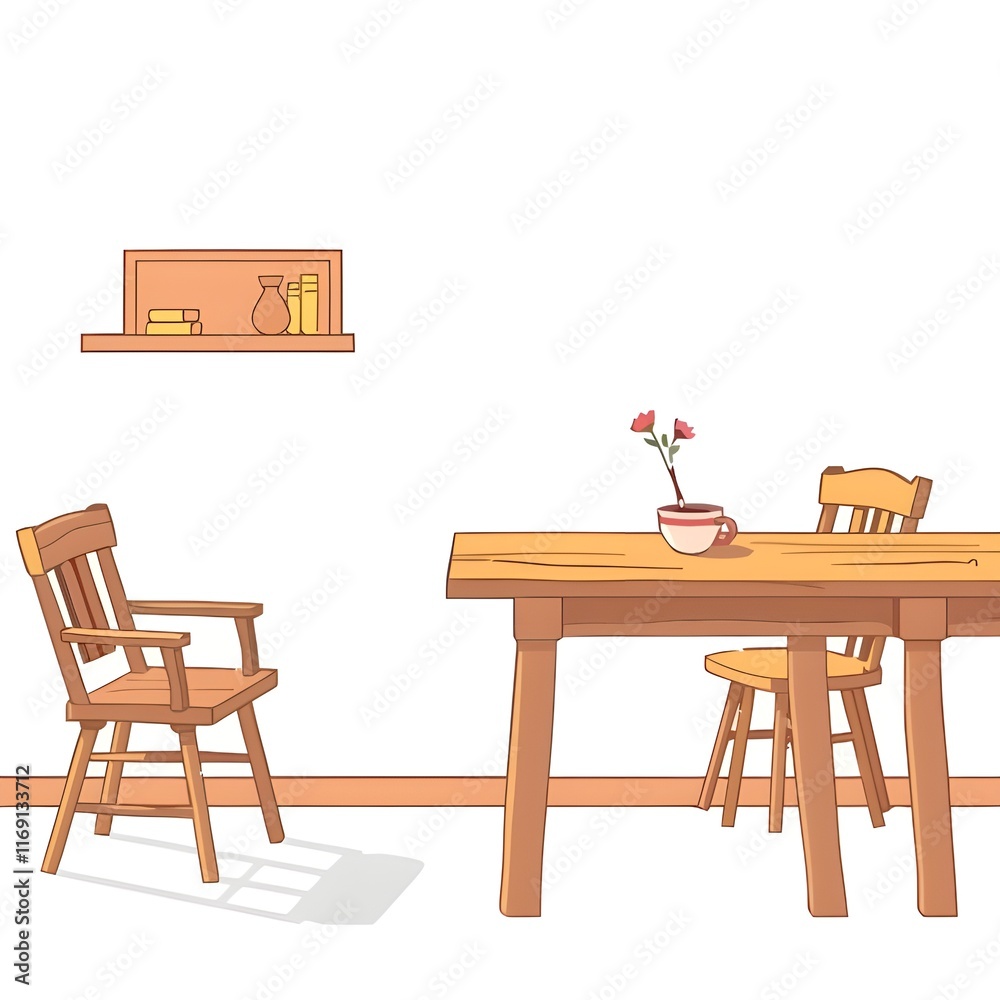 Fototapeta premium The wooden table creaks softly as the scene captures the quiet morning stillness.