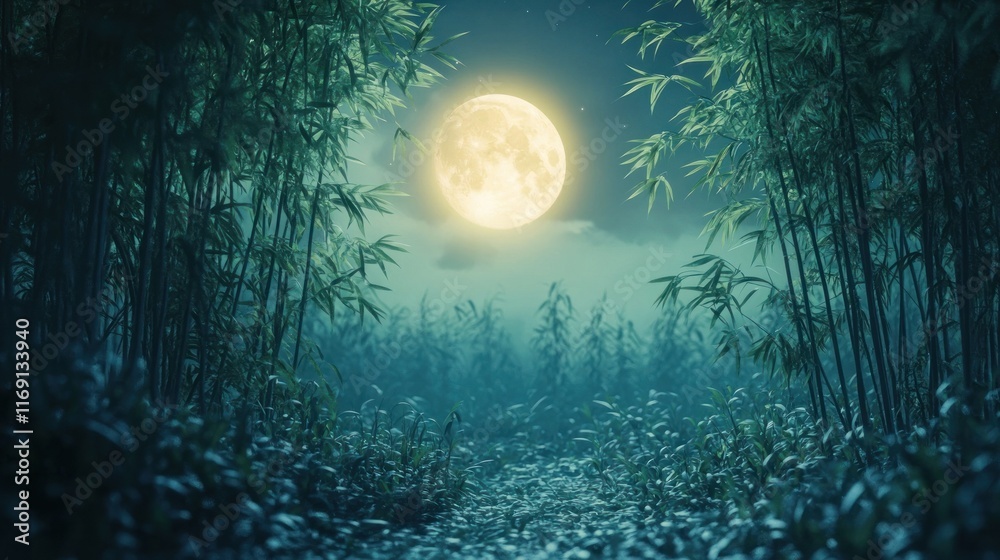 Mystical moonlit bamboo forest landscape shrouded in an ethereal enchanted atmosphere  Lush greenery and silhouetted trees create a serene tranquil and fantastical scene under the glow of a bright