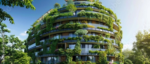 Green multi-story building covered with plants. Great for environmental projects, articles about green architecture or advertising sustainable housing. photo