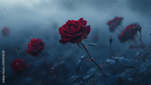 A Visually Striking Gothic Spring Day with Blooming Dark Roses Amidst Eerie Fog photo