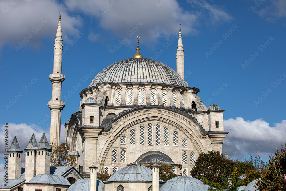 A beautiful view of the Nuruosmaniye Camii, the mosque near the Grand Bazaar in Istanbul, Turkey