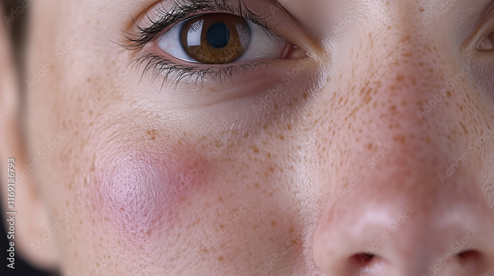 Fototapeta premium A woman with brown eyes and a red mark on her cheek