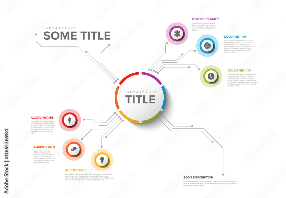 Colorful circular infographic with various icons and text around a central circle