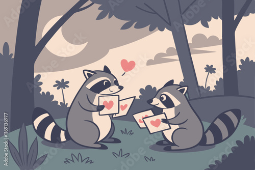 Raccoons exchanging Valentine's cards. forest at dusk. 3D illustration