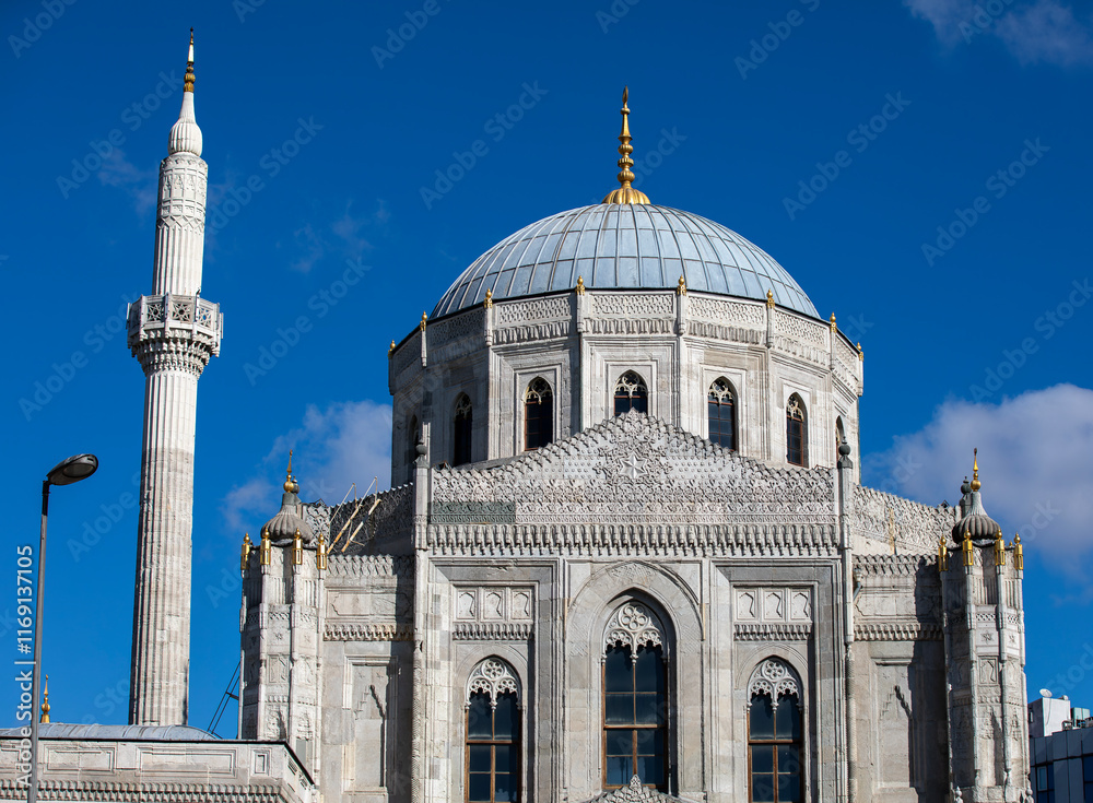 Interior detail from Pertevniyal Valide Sultan Mosque, a 19th century Ottoman imperial mosque located in Aksaray, Istanbul, Turkey.