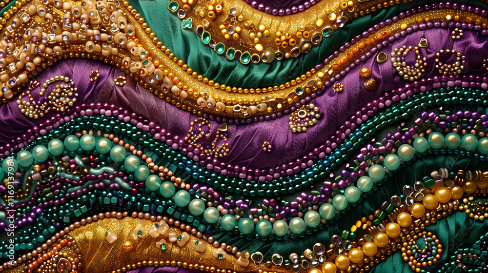 Mardi Gras beads and fabric in vibrant flowing patterns Mardi Gras beads and fabric in vibrant flowing patterns