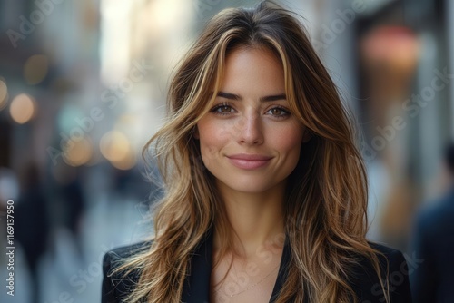 smiling businesswoman confidently standing on a bustling street looking directly at the camera dressed in professional attire showcasing empowerment and positivity in an urban environment photo