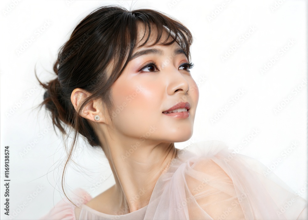 Japanese Woman in Tulle Dress with Korean Makeup and Radiant Skin for Beauty and Fashion Portrait Japanese Woman in Tulle Dress with Korean Makeup and Radiant Skin for Beauty and Fashion Portrait